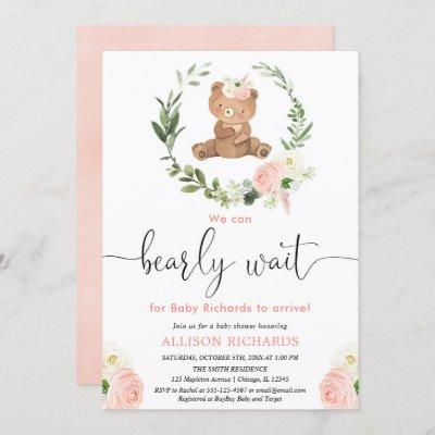 Pink floral teddy bear greenery girl baby shower invitation