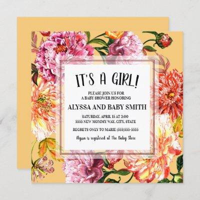 Pink Red Floral on Yellow Baby Girl Shower Invitation