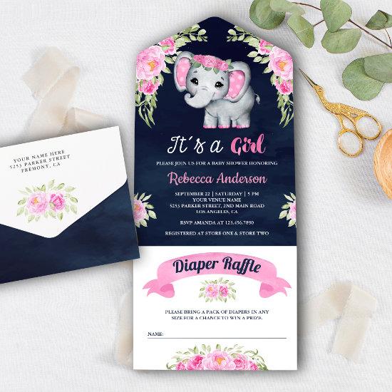 Pink Watercolor Floral Elephant Navy Baby Shower All In One Invitation
