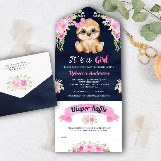 Pink Watercolor Floral Sloth Navy Blue Baby Shower All In One Invitation