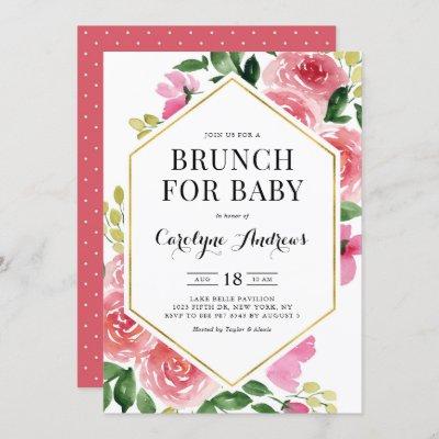 Pink Watercolor Roses Floral Frame Brunch for Baby Invitation