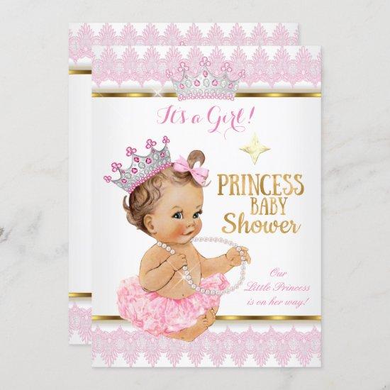 Princess Girl Baby Shower Pink Gold Tutu Brunette Invitation