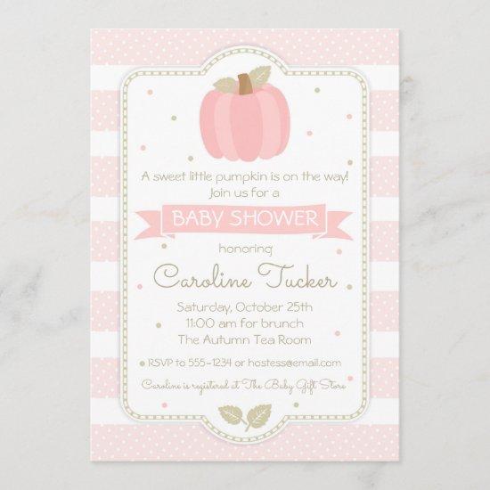 Pumpkin Baby Girl Shower Invitation - Pink Stripes
