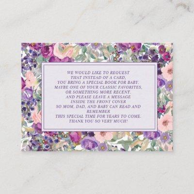 Purple Pink Floral Little Girl Baby Shower Books Enclosure Card