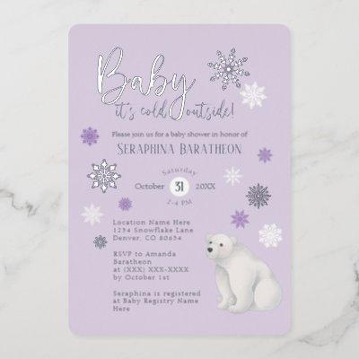 Purple Polar Bear Silver Snowflake Baby Shower Foil Invitation