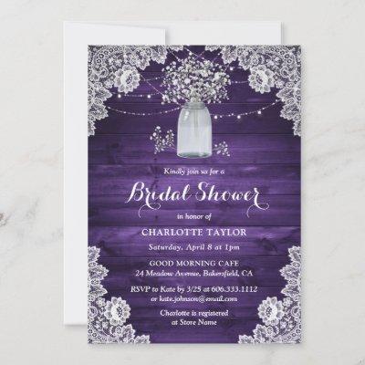 Purple Rustic Country Wood Mason Jar Bridal Shower Invitation