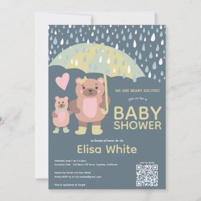Raindrops Mama & Baby Bear QR CODE Custom Shower Invitation