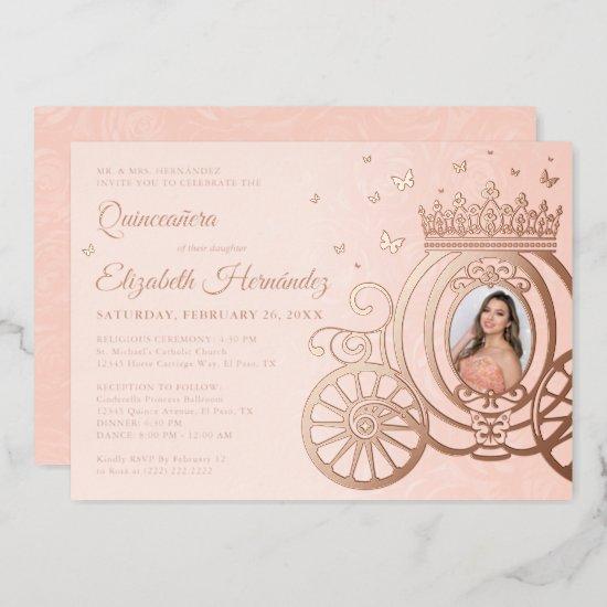 Rose Gold Blush Pink Quinceanera Princess Photo Foil Invitation