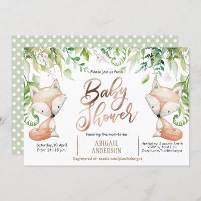 Rose Gold, Greenery, Woodland Fox, Baby Boy Shower Invitation