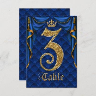 Royal Blue Gold Crown Wedding Table Number 3