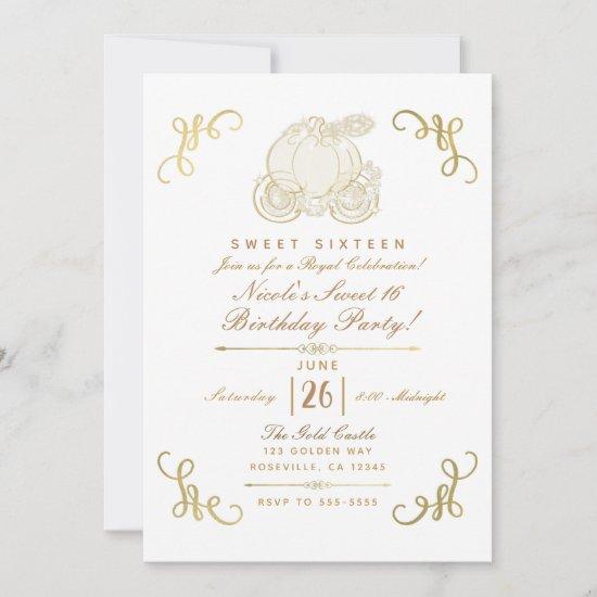 Royal Golden Gold Pumpkin Carriage Sweet 16 Party Invitation