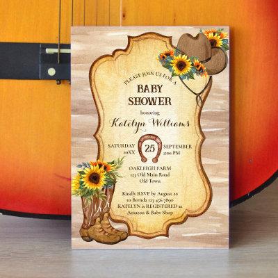 Rustic cowboy boots and hat sunflowers watercolor invitation