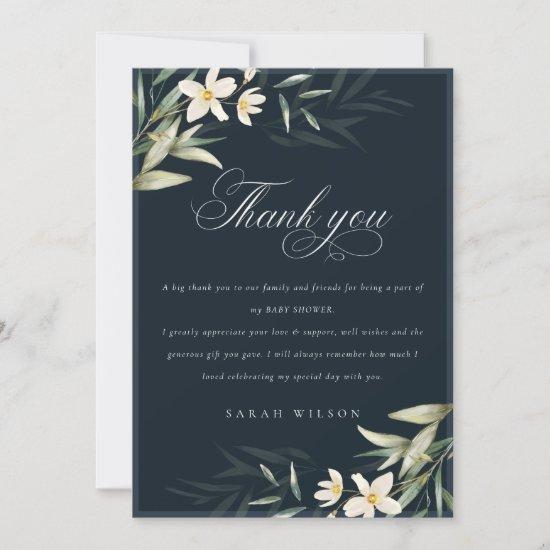 Rustic Navy White Greenery Floral Baby Shower Thank You Card