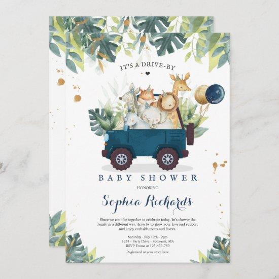 Safari Animals Drive By Baby Shower Greenery Gold Invitation