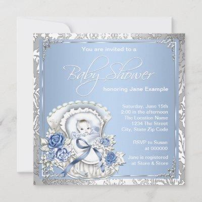 Silver and Blue Vintage Baby Boy Shower Invitation