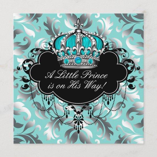 Silver and Teal Blue Prince Baby Boy Shower Invitation