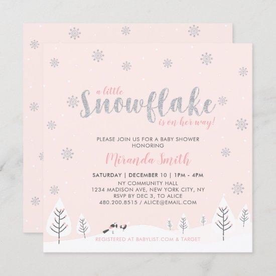 Silver & Pink Winter Wonderland Girl Baby Shower I Invitation