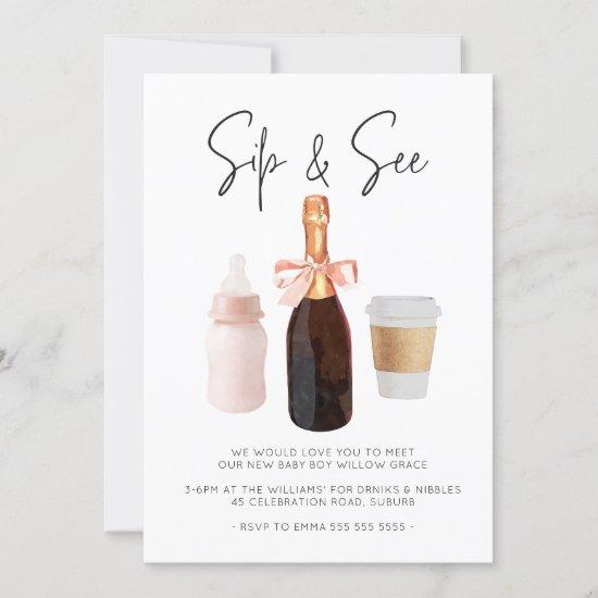 Sip & See Watercolor Champagne Coffee Pink Invitation