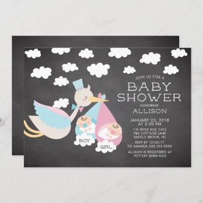 Stork & Boy Girl Twins Baby Shower Invitation