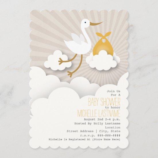 Stork In The Clouds Baby Shower - Orange Invitation