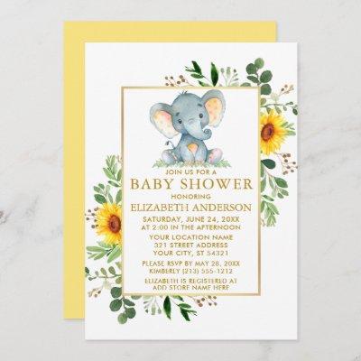 Sunflowers Greenery Elephant Baby Shower Gold Invitation