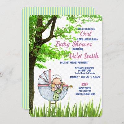 Tall Tree and Baby Buggy - Girl Baby Shower Invita Invitation
