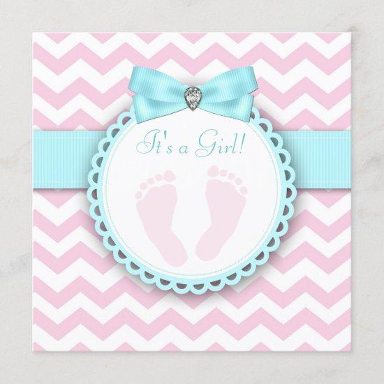 Teal Blue and Pink Footprint Baby Girl Shower Invitation