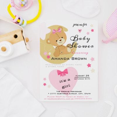 Teddy Bear Love Baby Girl Shower Invitation