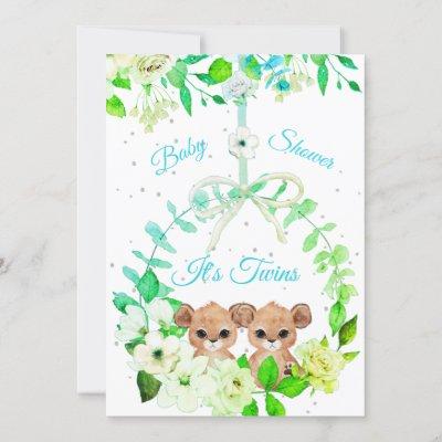 Twins Boy Baby Shower Cute Lion Pink Floral Invitation