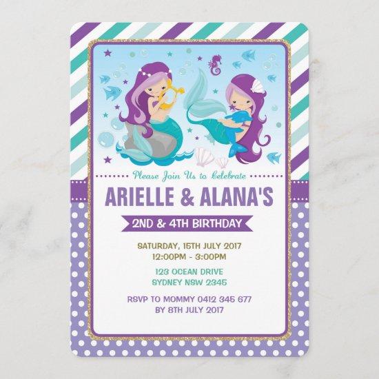 Twins Mermaid Birthday Invitation Sisters Siblings
