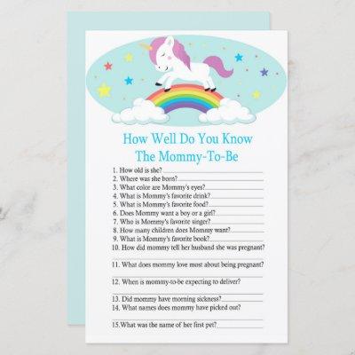 Unicorn how well do you know baby shower game