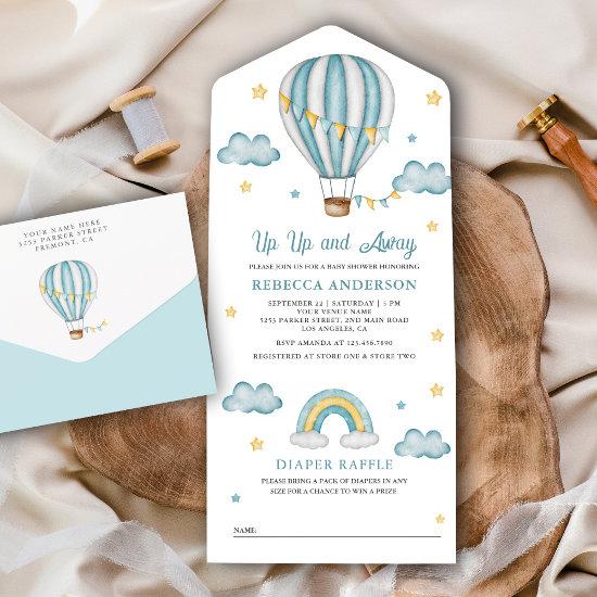 Up Up and Away Blue Hot Air Balloon Baby Shower All In One Invitation