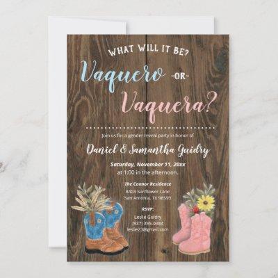 Vaquero/Vaquera Bootie Dark Wood Gender Reveal Invitation