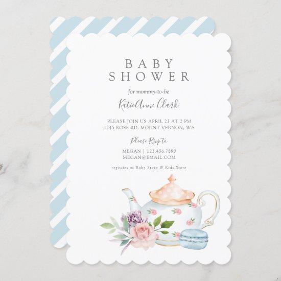 Vintage Baby Tea Party French Macaron & Floral Invitation