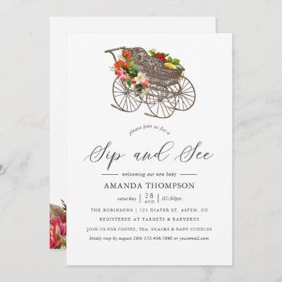 Vintage Floral Baby Carriage Baby Shower Sip & See Invitation