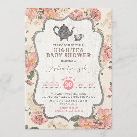 Vintage High Tea Baby Shower Pink Floral Rustic Invitation