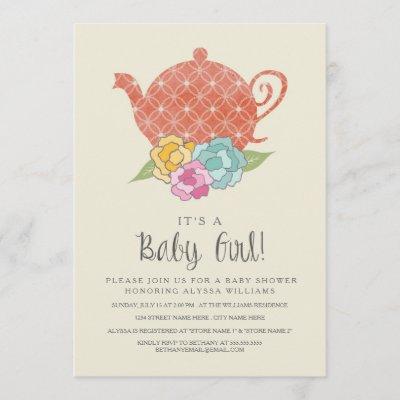 Vintage Teapot Baby Girl Shower Invitation