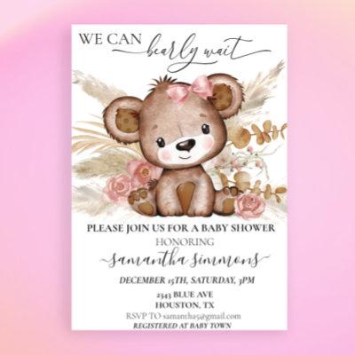 We Can Bearly Wait Baby Shower Bear Boho PInk Invitation