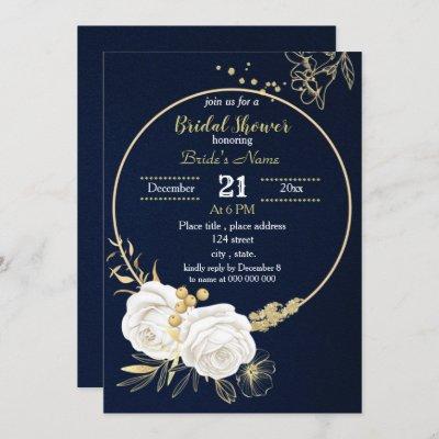 white gold floral circle navy blue bridal shower invitation