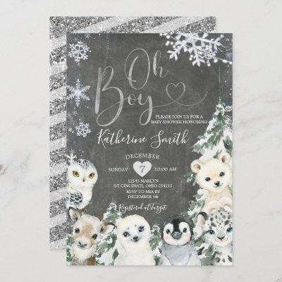 Winter Chalkboard Animal Baby Shower Snowflakes Invitation
