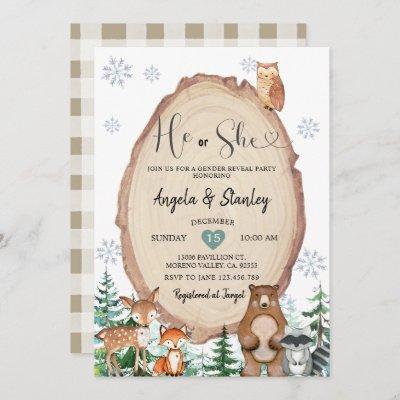 Winter Rustic Woodland He or She Gender Reveal Invitation